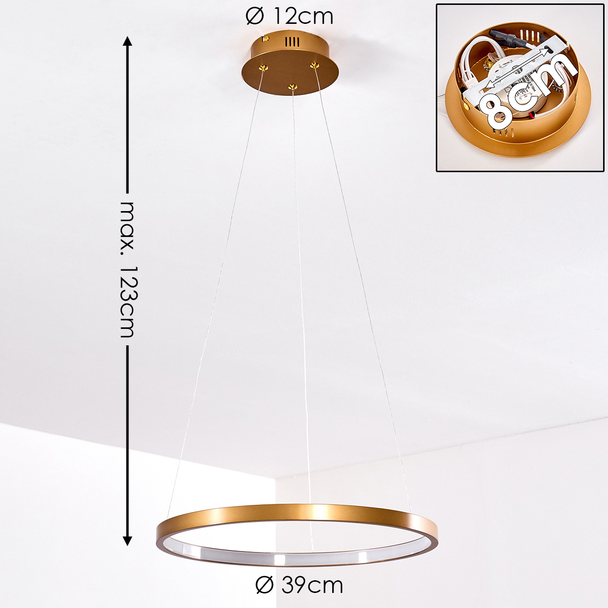 Goldene Ringlampe mit Deckenbefestigung und Maßen.
