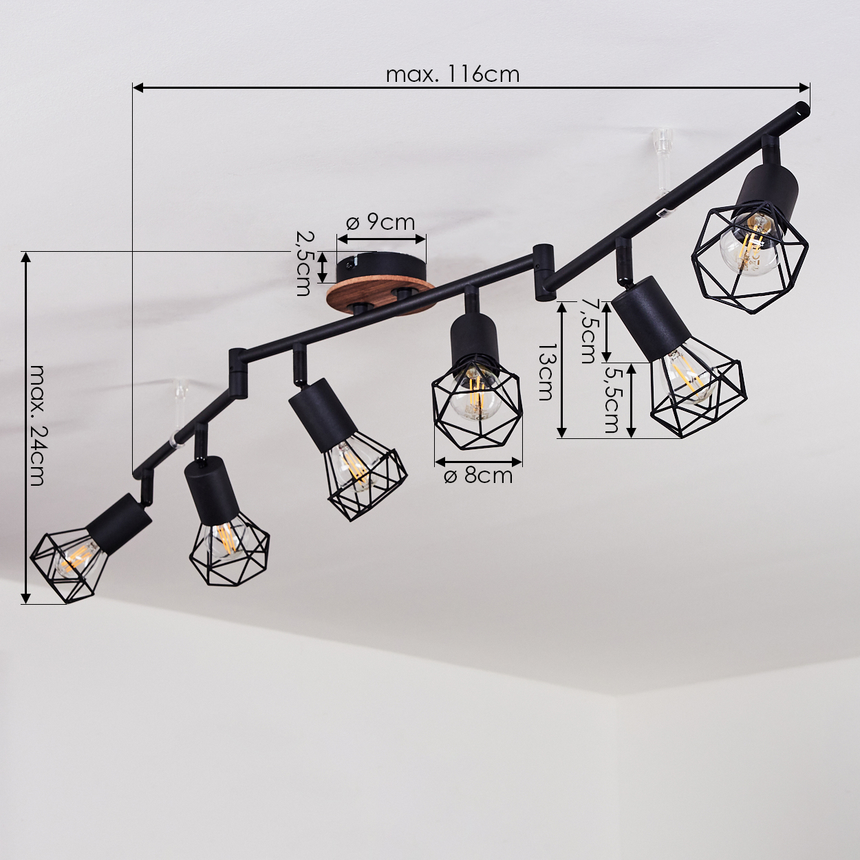 Schwarzer Deckenstrahler mit sechs Lampen und geometrischen Käfigschirmen, Maße sind angegeben.