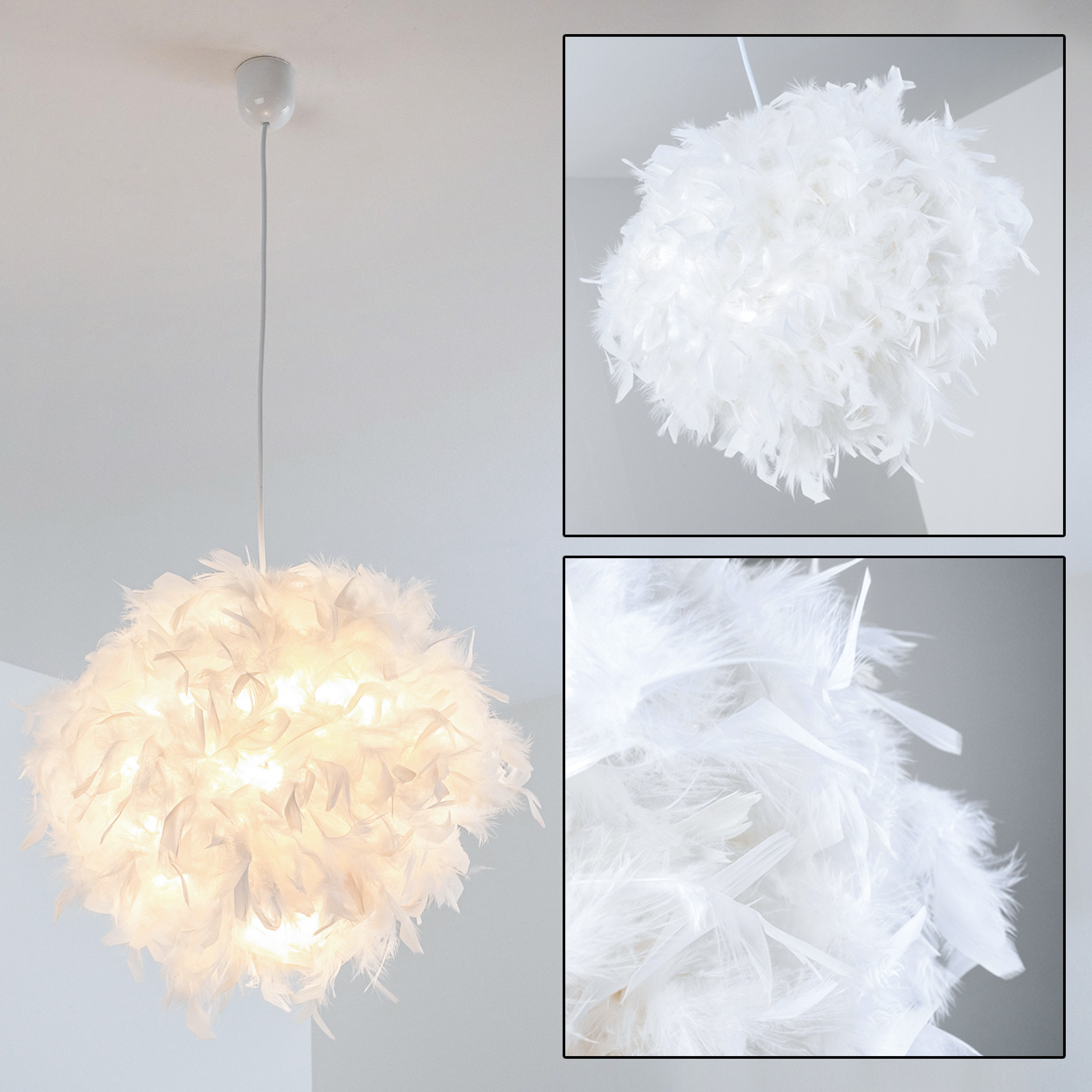 Eine weiße Federlampe hängt von der Decke, beleuchtet von innen.