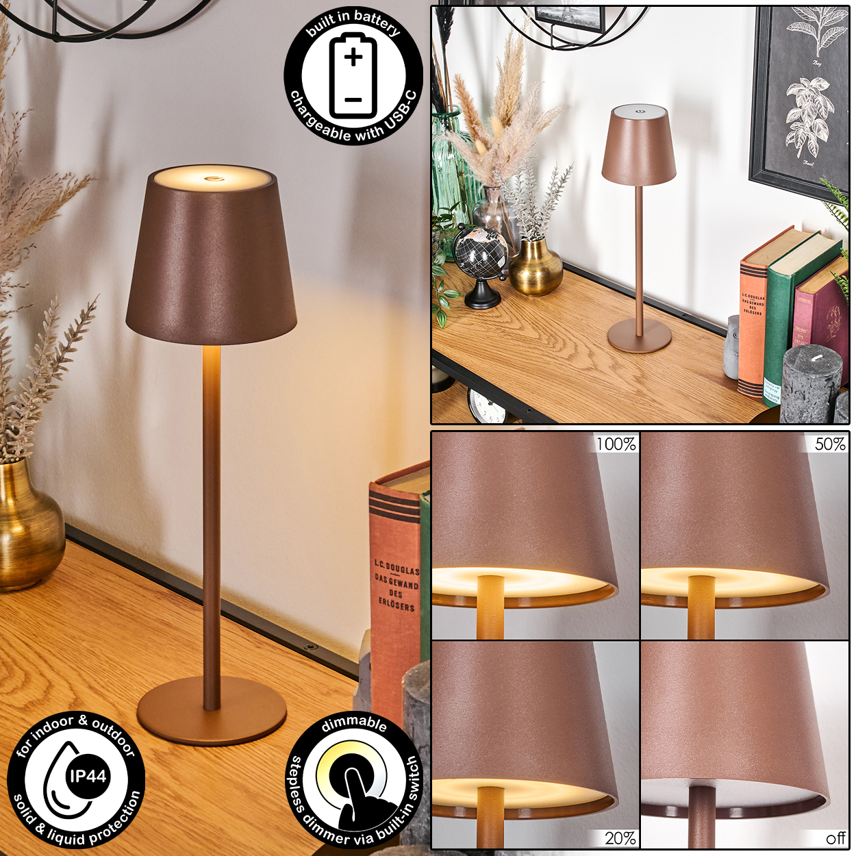 Eine kupferfarbene, dimmbare Tischlampe mit USB-C, IP44-Schutz und Akku.