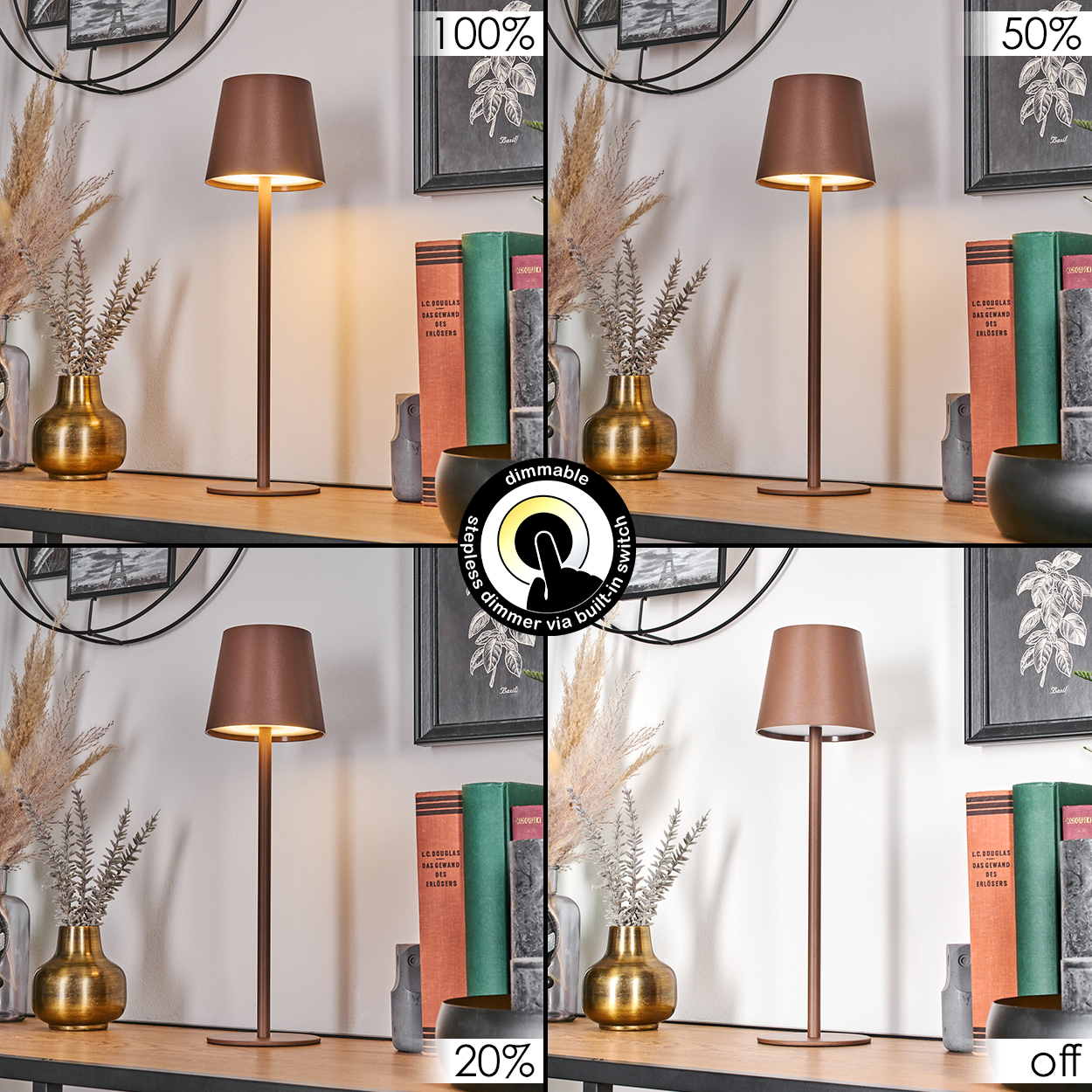 Eine Stehlampe mit braunem Schirm auf einem Regal, Helligkeit 100%, 50%, 20% und aus.