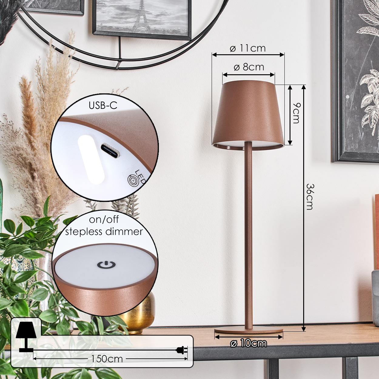Kupferfarbene Tischlampe mit USB-C, Touch-Dimmer. Maße: 36cm hoch, 11cm Ø.