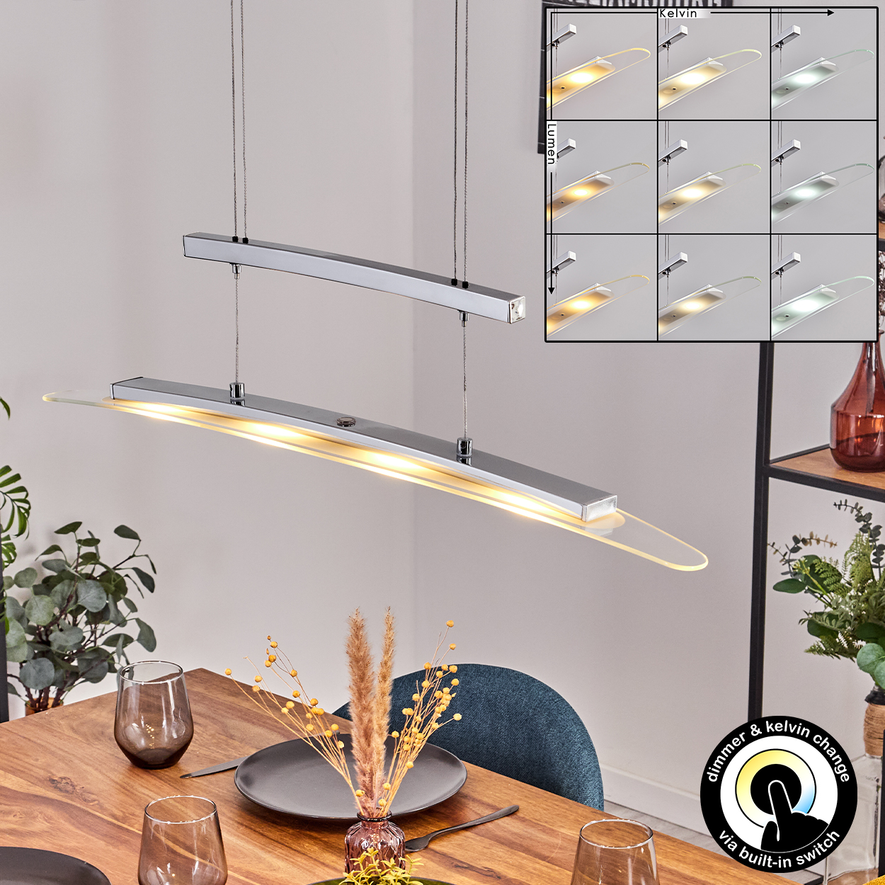 Moderne Hängeleuchte mit Chromrahmen und LED-Beleuchtung über einem Holztisch.