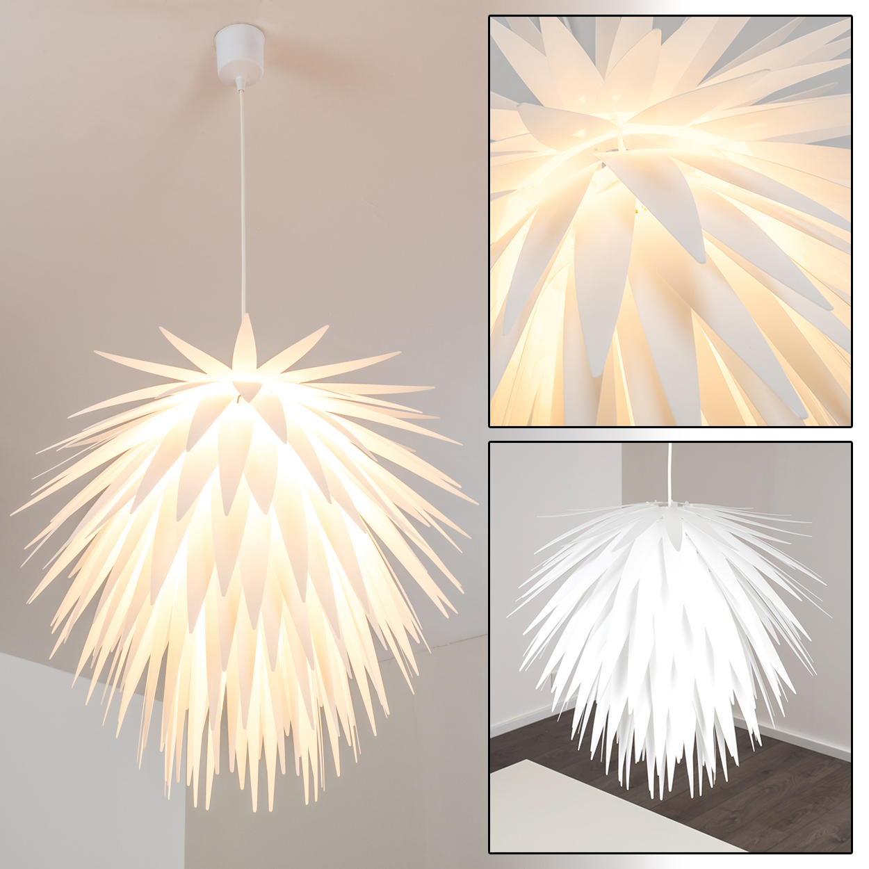 Eine weiße, spitz zulaufende Pendelleuchte hängt von der Decke, detaillierte Nahaufnahmen.