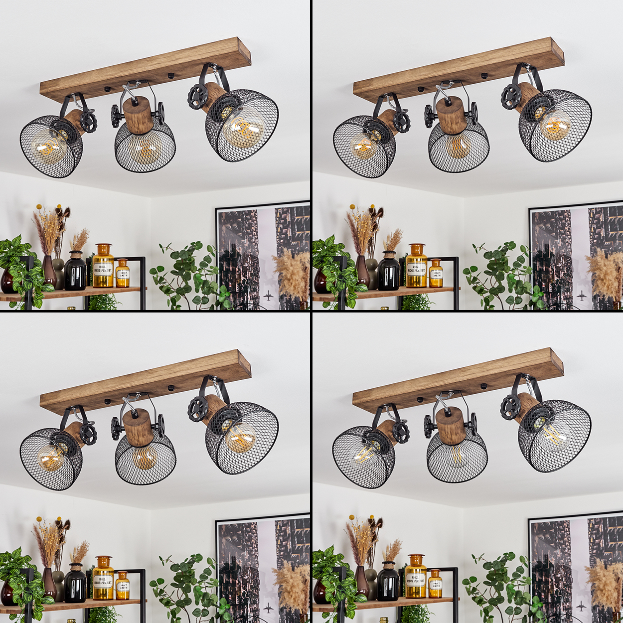 Holzdeckenleuchte mit drei schwarzen Gitterschirmen und Holzakzenten.
