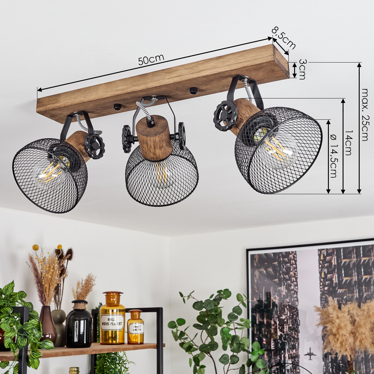 Holz-Deckenleuchte mit drei schwarzen Metallkörben und sichtbaren Glühbirnen.