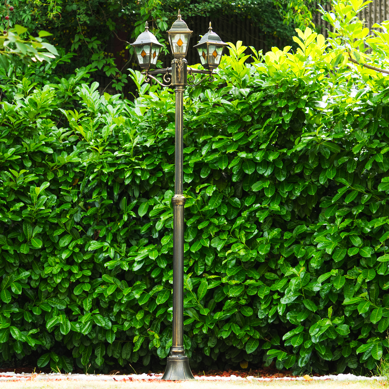 Ein alter Laternenpfahl steht vor einer dichten grünen Hecke.