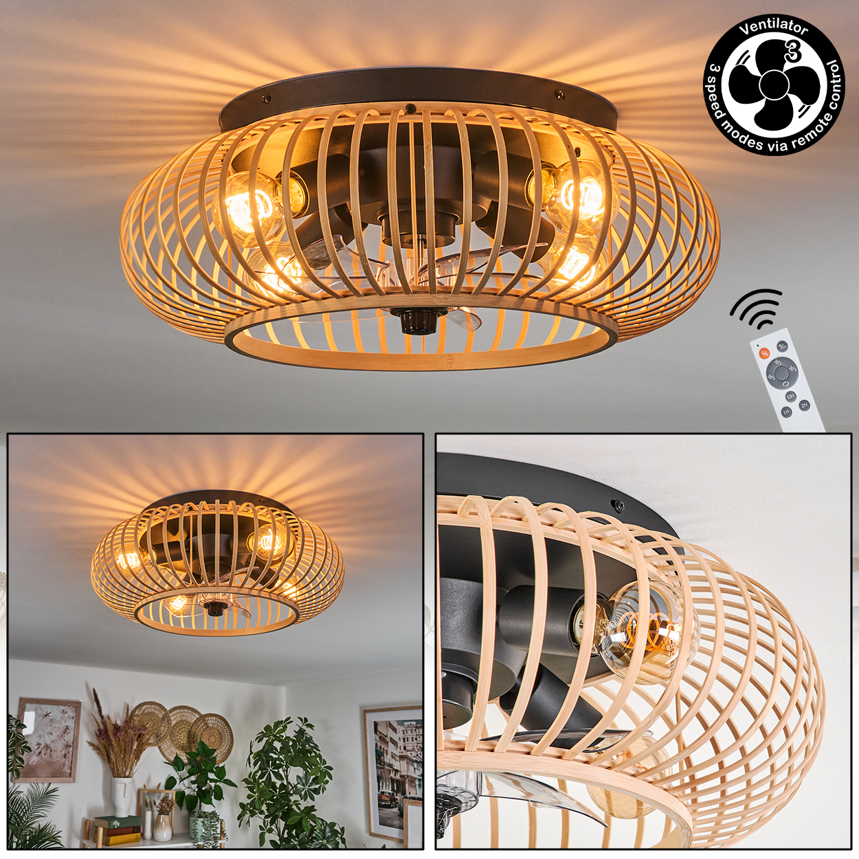 Deckenventilator mit Holzkorb, Glühbirnen und Fernbedienung.
