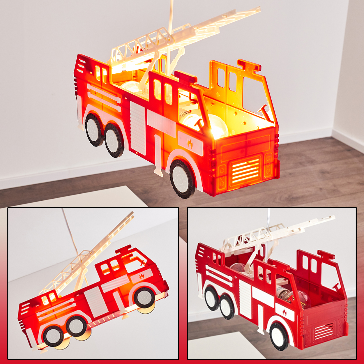 Ein roter Feuerwehrwagen-Anhänger mit ausziehbarer Leiter und Lichtern.