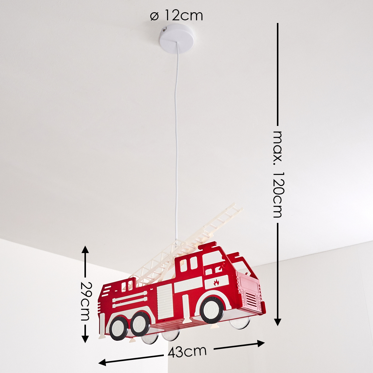 Eine rote Feuerwehrauto-Lampe hängt von der Decke. Maße sind angegeben.