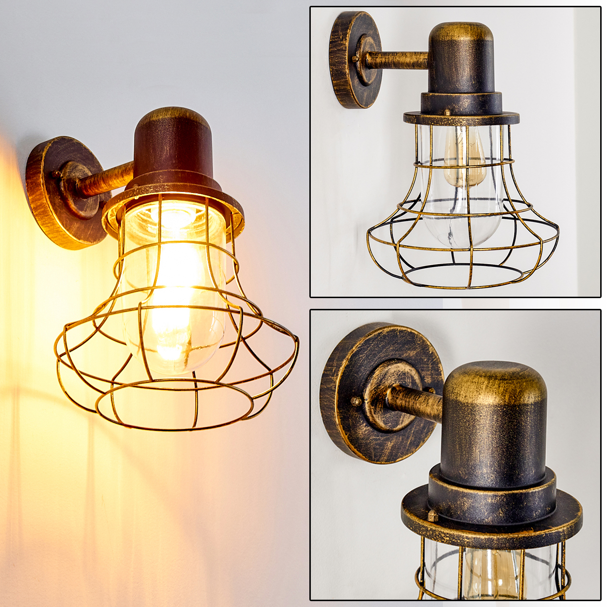 Eine Wandleuchte im Industriestil mit schwarzem Metallkäfig und Glaskolben.