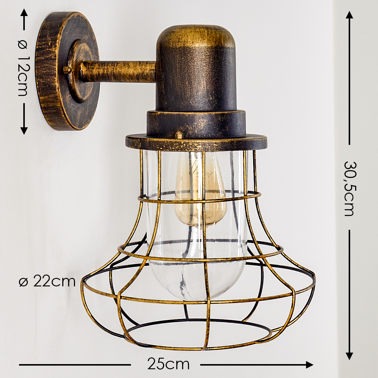 Eine Wandleuchte mit bronzefarbener Metallaufhängung, Glas und Drahtkäfig.