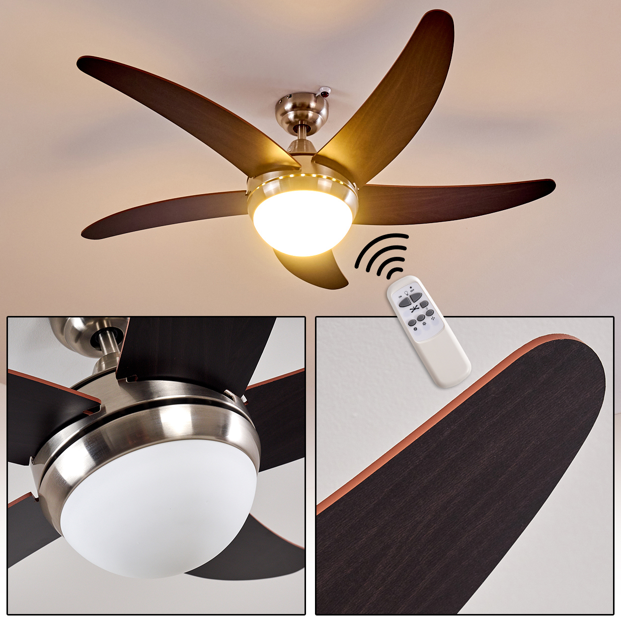 Deckenventilator mit Licht und Fernbedienung, braune Holzflügel.