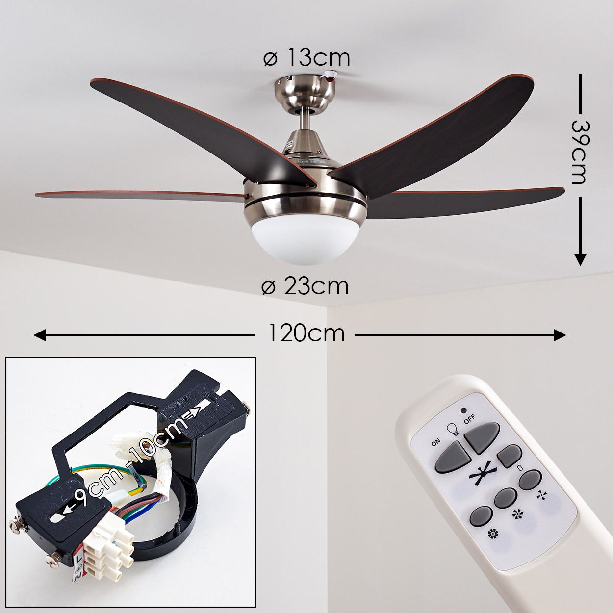 Deckenventilator mit Licht, Fernbedienung und Montagehalterung.