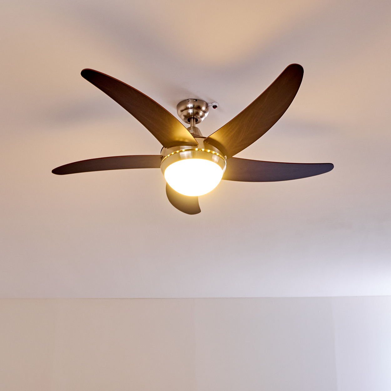 Ein dunkler Deckenventilator mit fünf Flügeln und einer runden Lampe.
