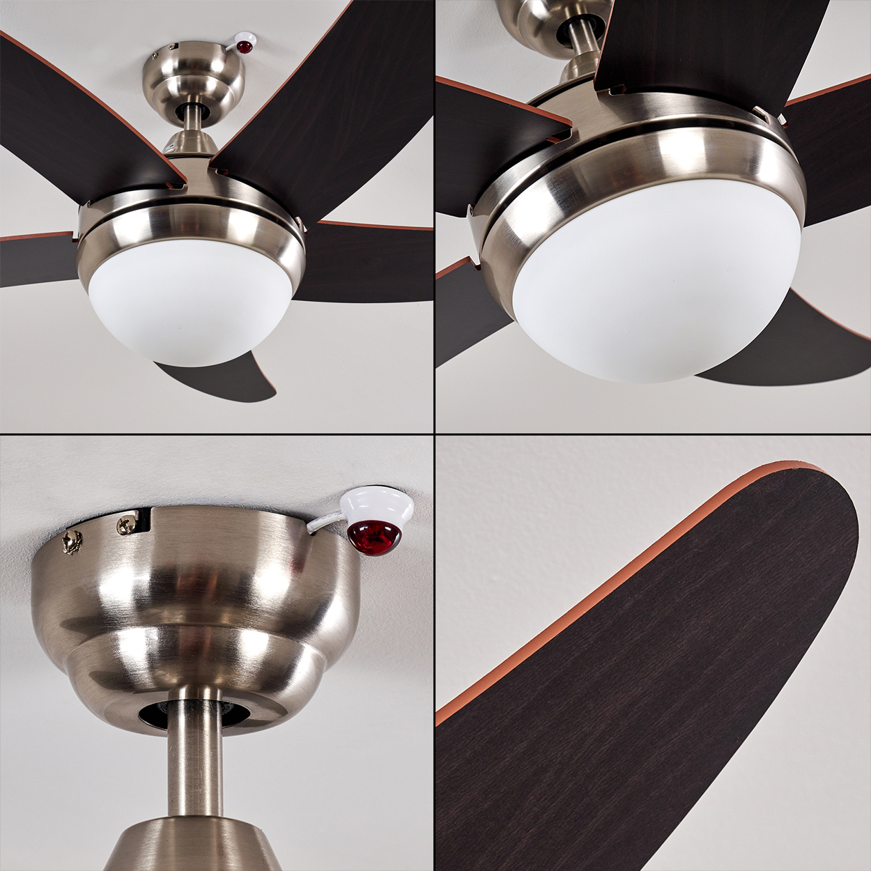 Vier Nahaufnahmen eines Deckenventilators mit gebürstetem Nickel-Finish, dunklen Holzblättern und Milchglaslicht.