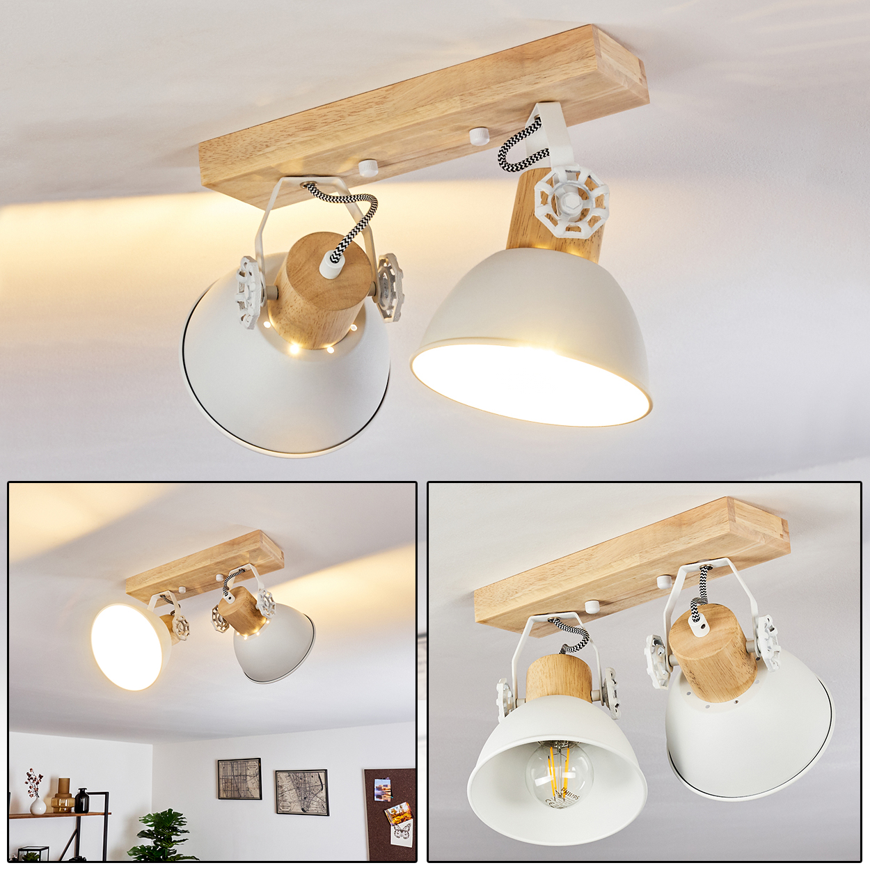Deckenleuchte mit Holz und weißen Schirmen mit verstellbaren Gelenken.