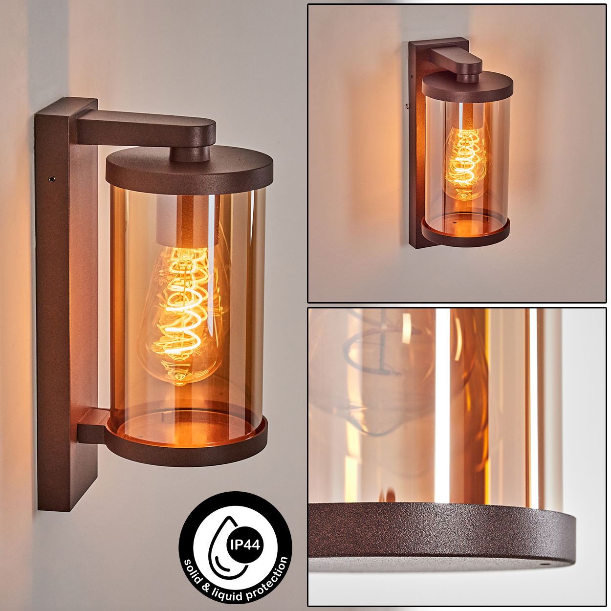 Eine braune Wandleuchte mit zylindrischem bernsteinfarbenem Glas und sichtbarer Glühbirne.