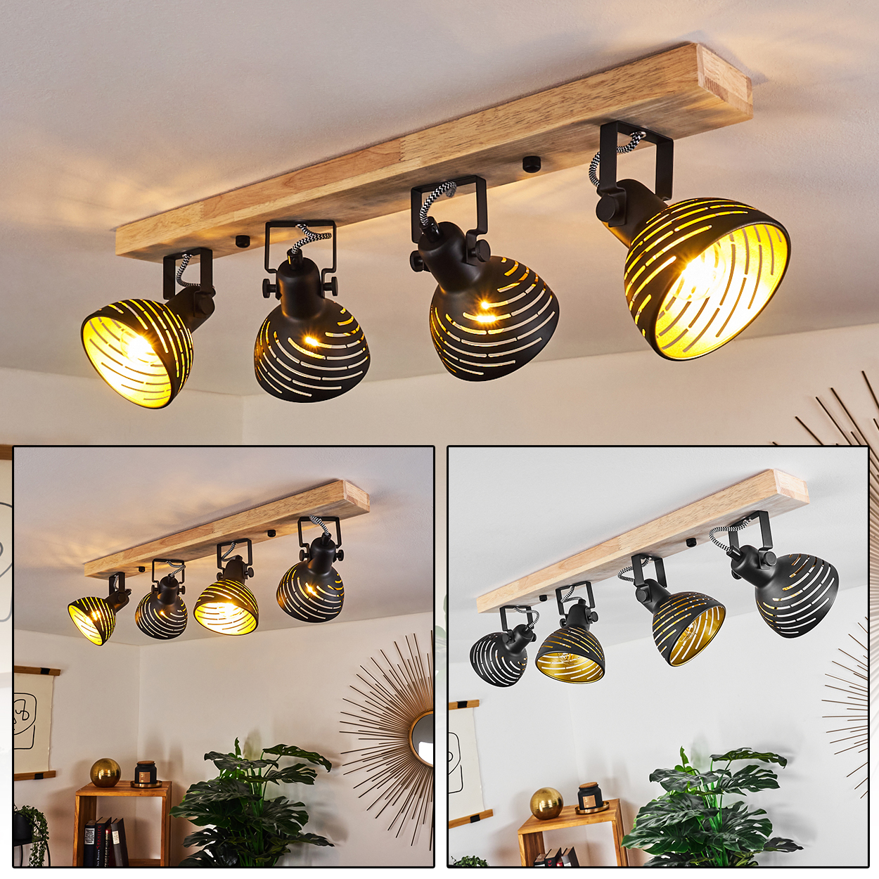 Schwarze Spots mit Holzbalken-Deckenleuchte, gestreifte Lampenschirme.