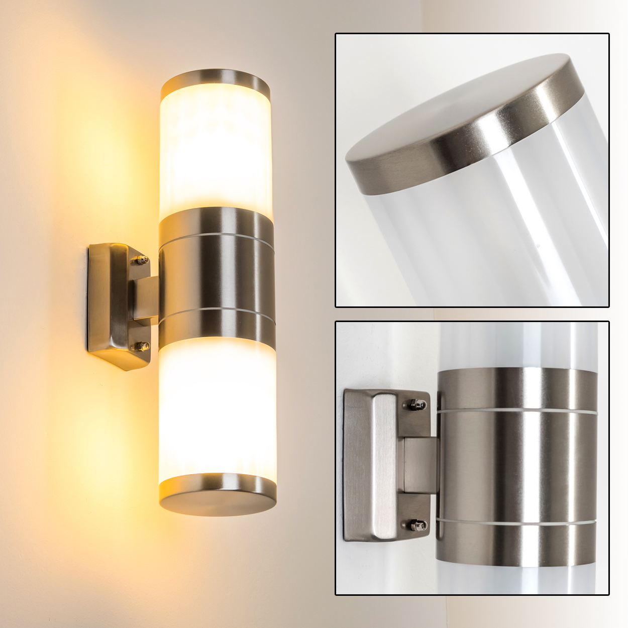 Moderne Wandleuchte mit zwei zylindrischen, milchigen Glaszylindern und Metallgehäuse.