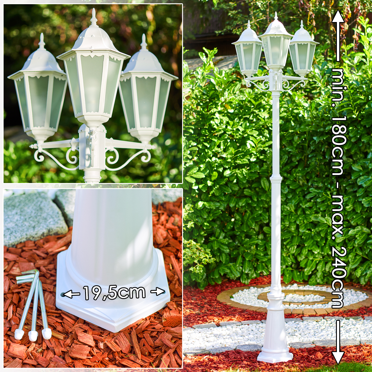 Weiße Stehleuchte mit drei Lampen im Garten. Maße 180-240cm.