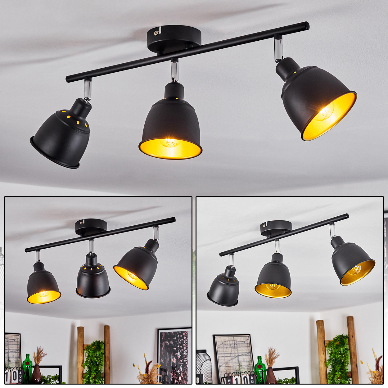 Schwarze Deckenleuchte mit drei verstellbaren Spots und goldenen Innenseiten.