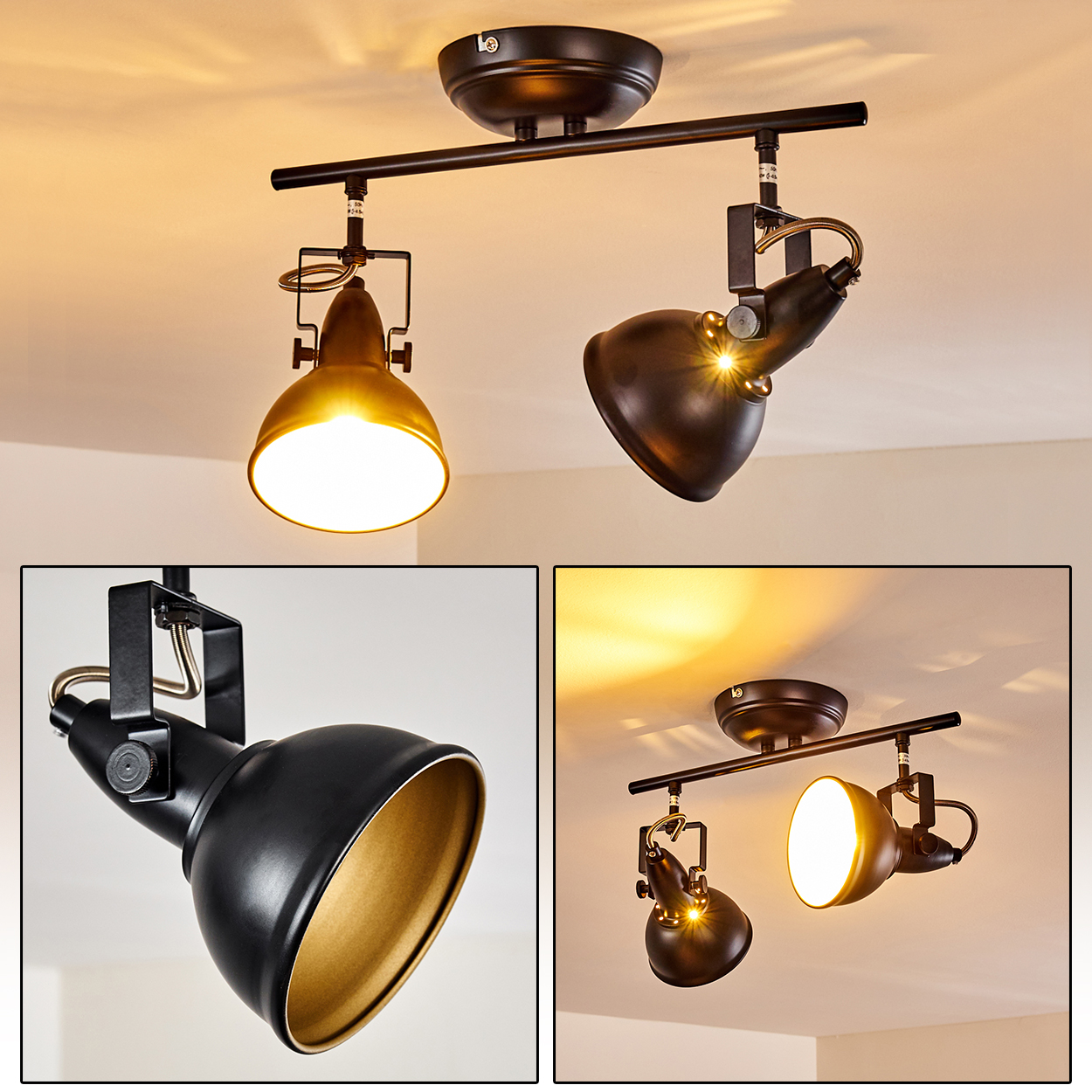 Eine schwarze Deckenleuchte mit zwei verstellbaren Spots, goldene Innenseiten.