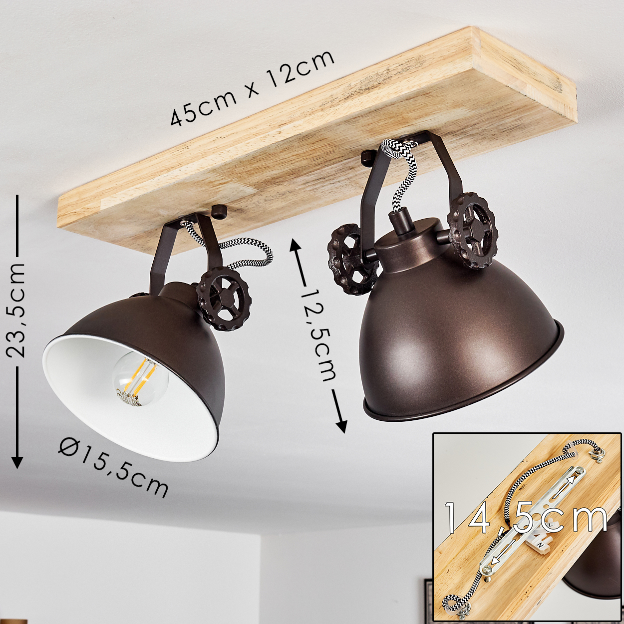 Deckenleuchte mit Holzplatte, zwei braunen Lampenschirmen und Maßen.
