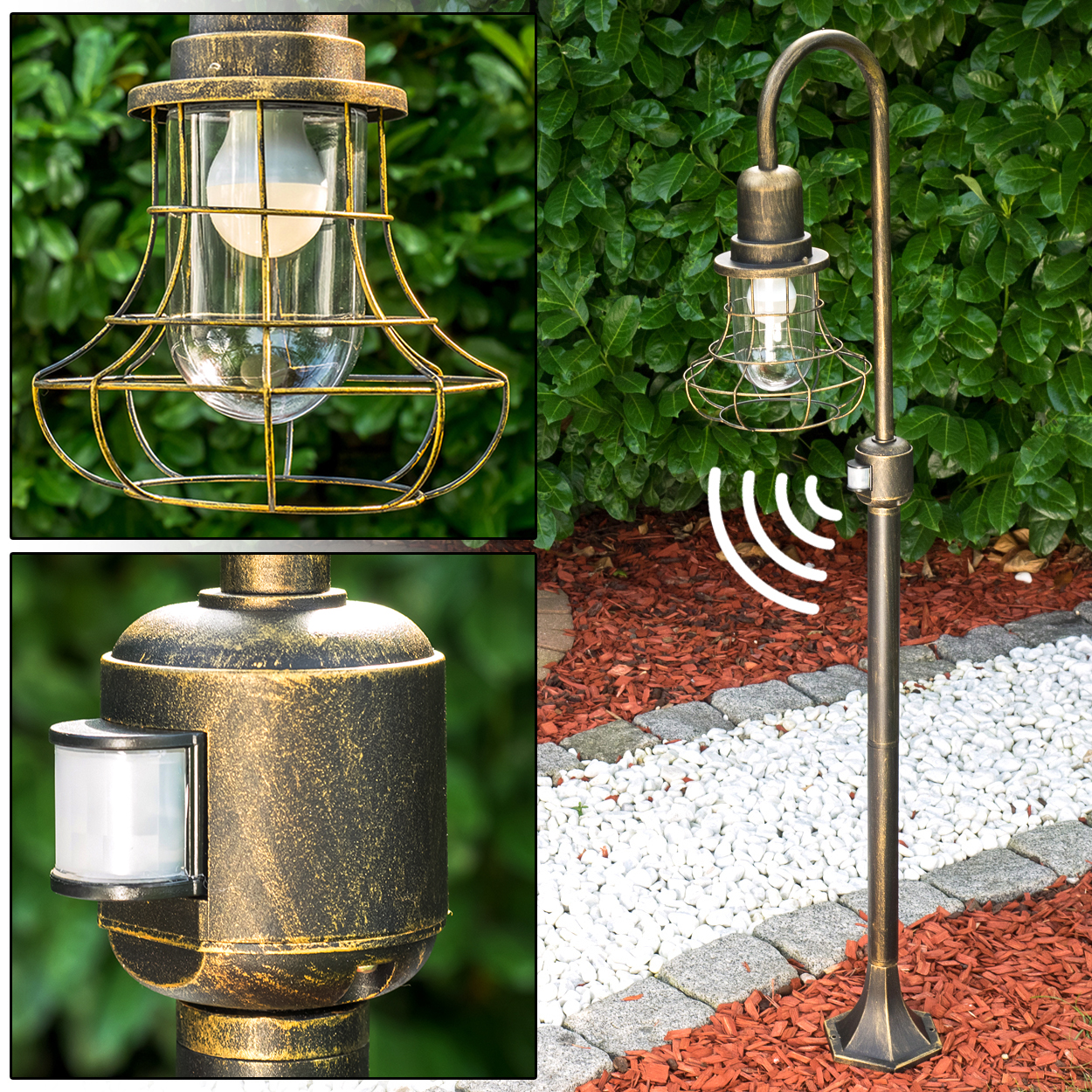 Gartenlaterne mit Bewegungsmelder in Bronzeoptik, steht im Freien.