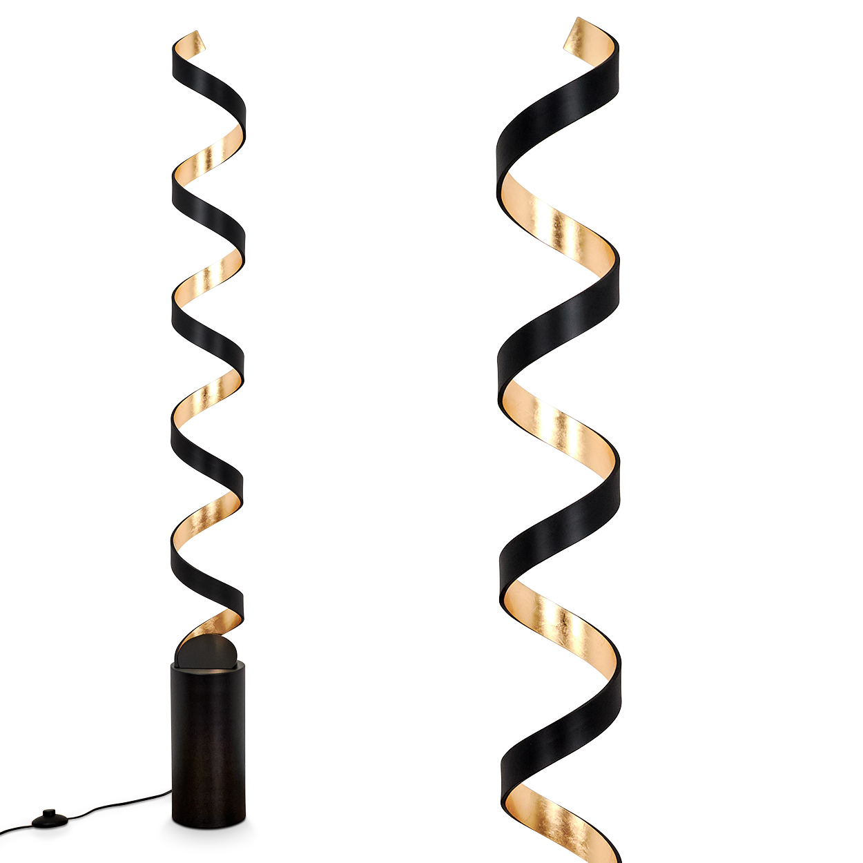 Moderne schwarze Stehlampe mit spiralförmigem Design und goldenem Inneren.