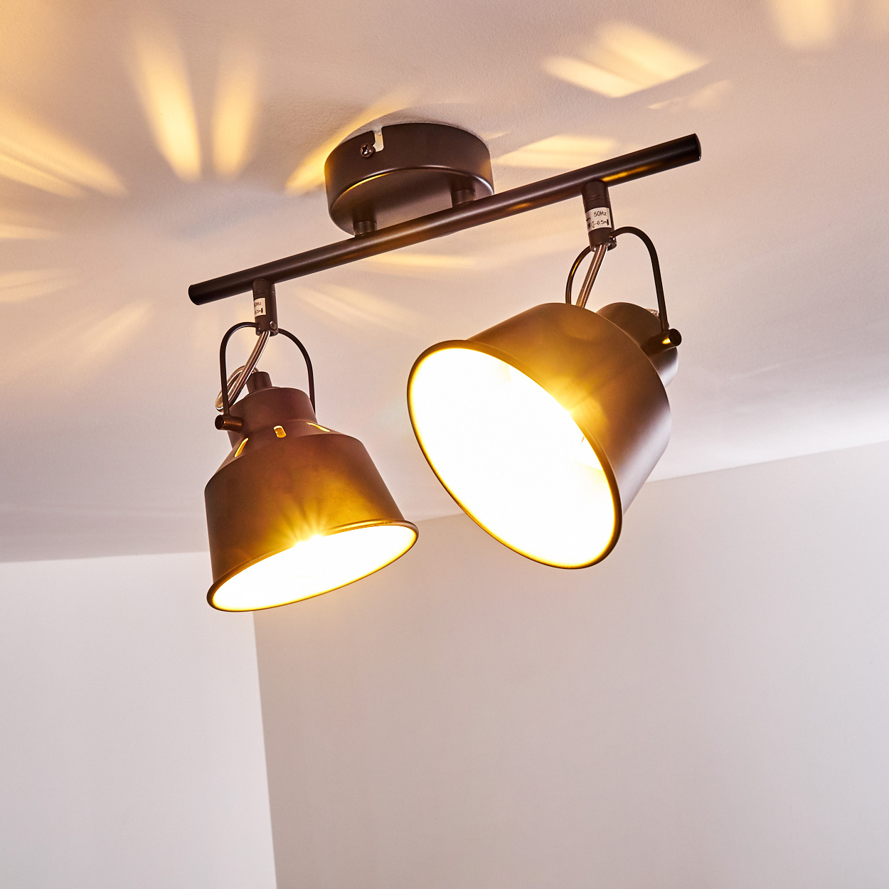 Zwei gerichtete Lampen aus dunklem Metall an einer Deckenstange leuchten hell.