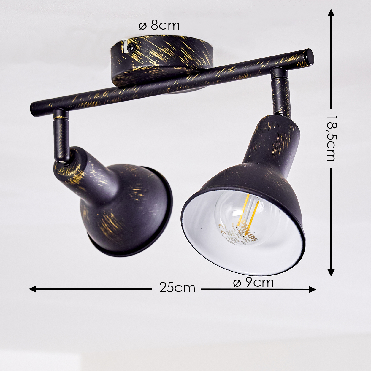 Schwarze Deckenleuchte mit Goldakzenten, 2 Spots, 25cm breit.