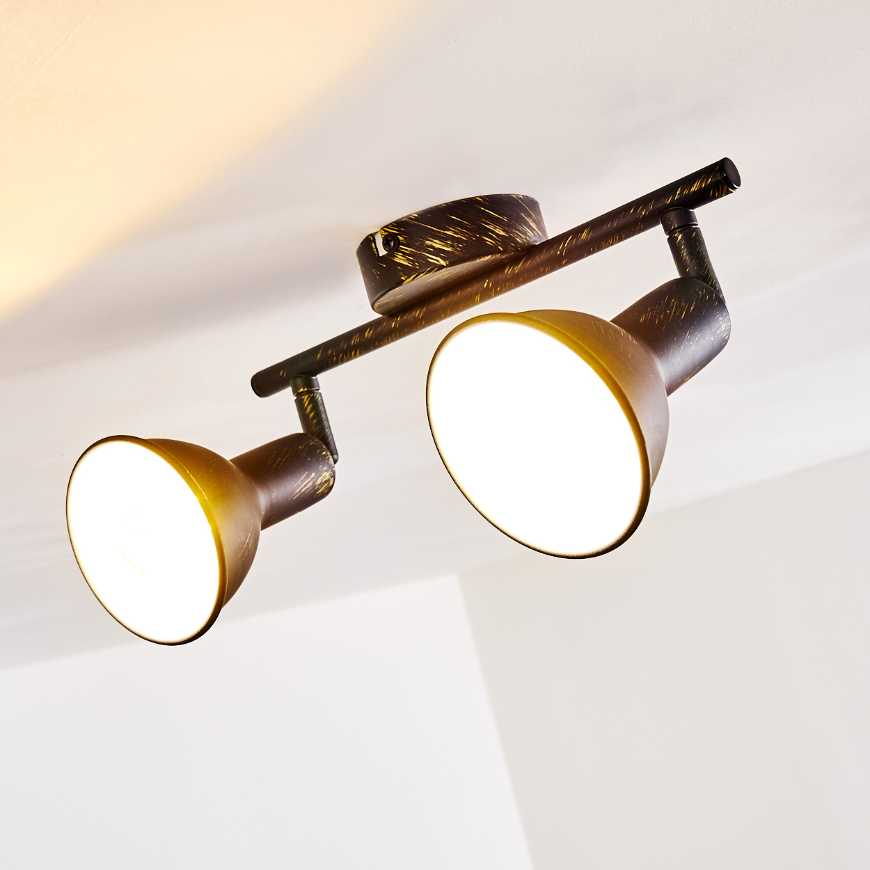Zwei gerichtete Deckenleuchten mit dunklem Metallgehäuse und Goldakzenten.