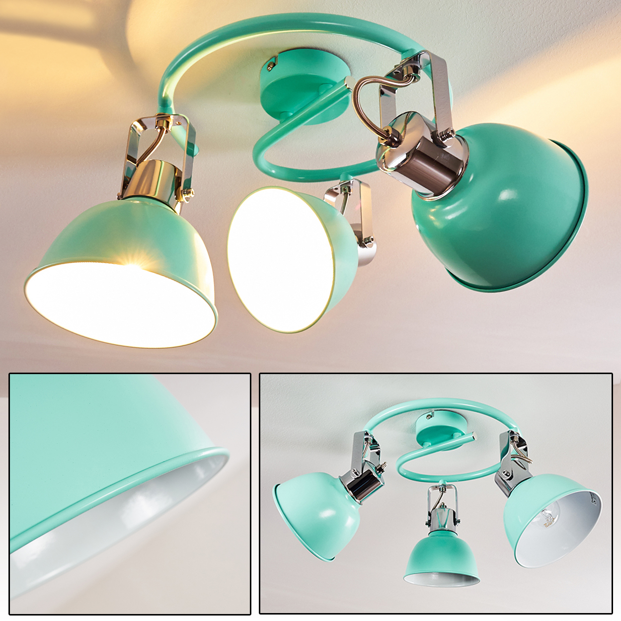 Eine teal Deckenleuchte mit drei verstellbaren Spots an einem gebogenen Arm.