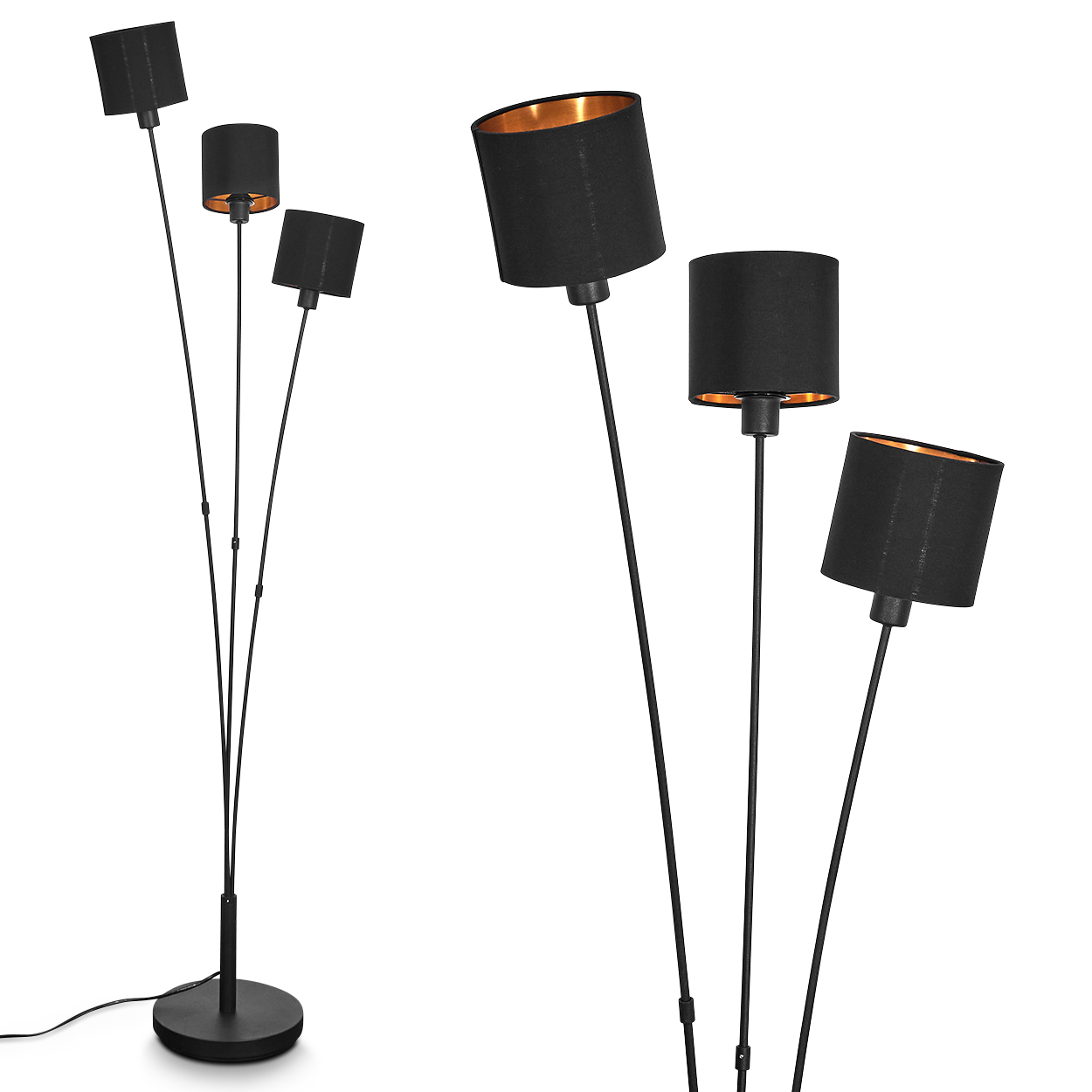 Drei moderne schwarze Stehlampen mit Stoffschirmen und goldenem Innenleben.