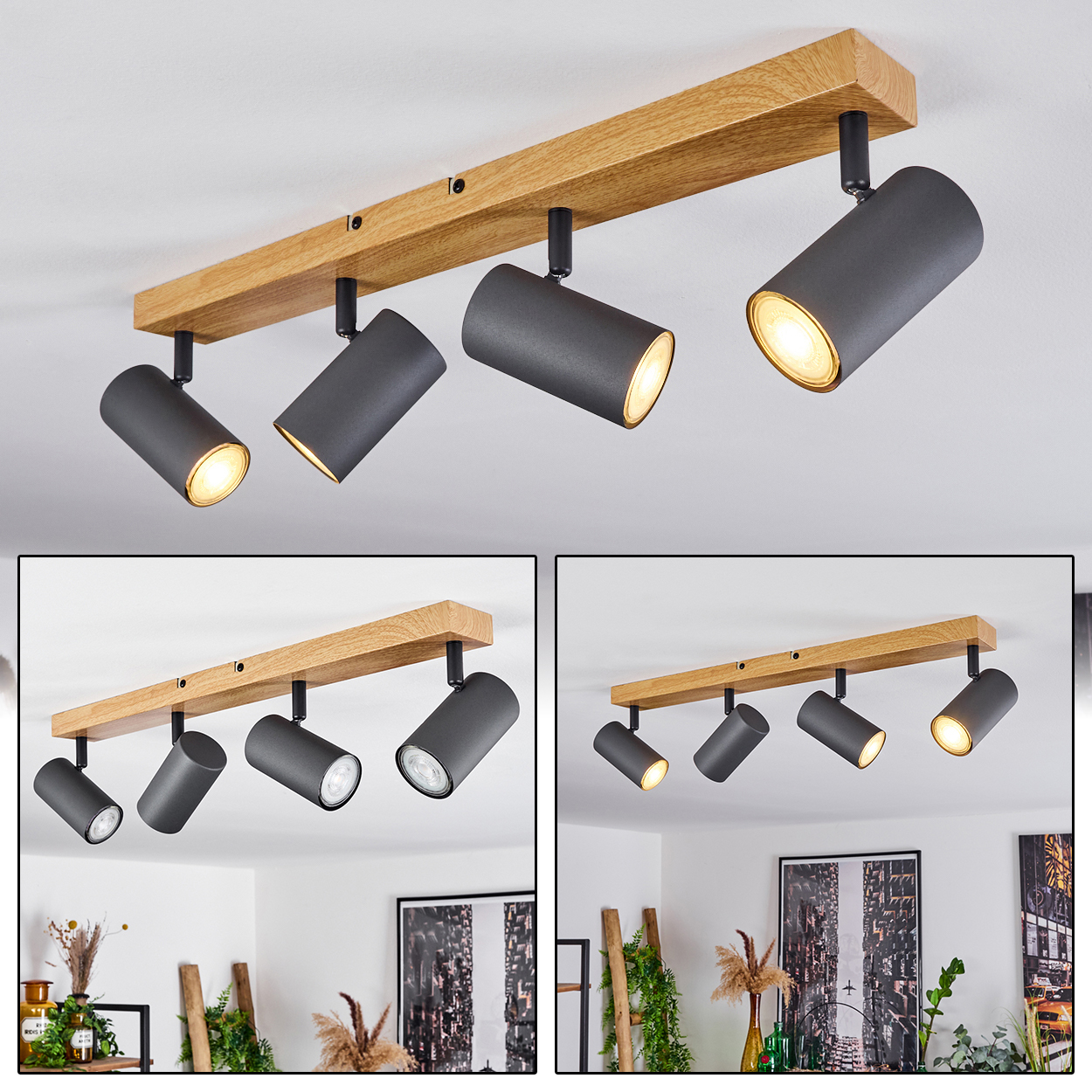 Holzbalken mit vier schwenkbaren, dunklen Spots, die an der Decke montiert sind.