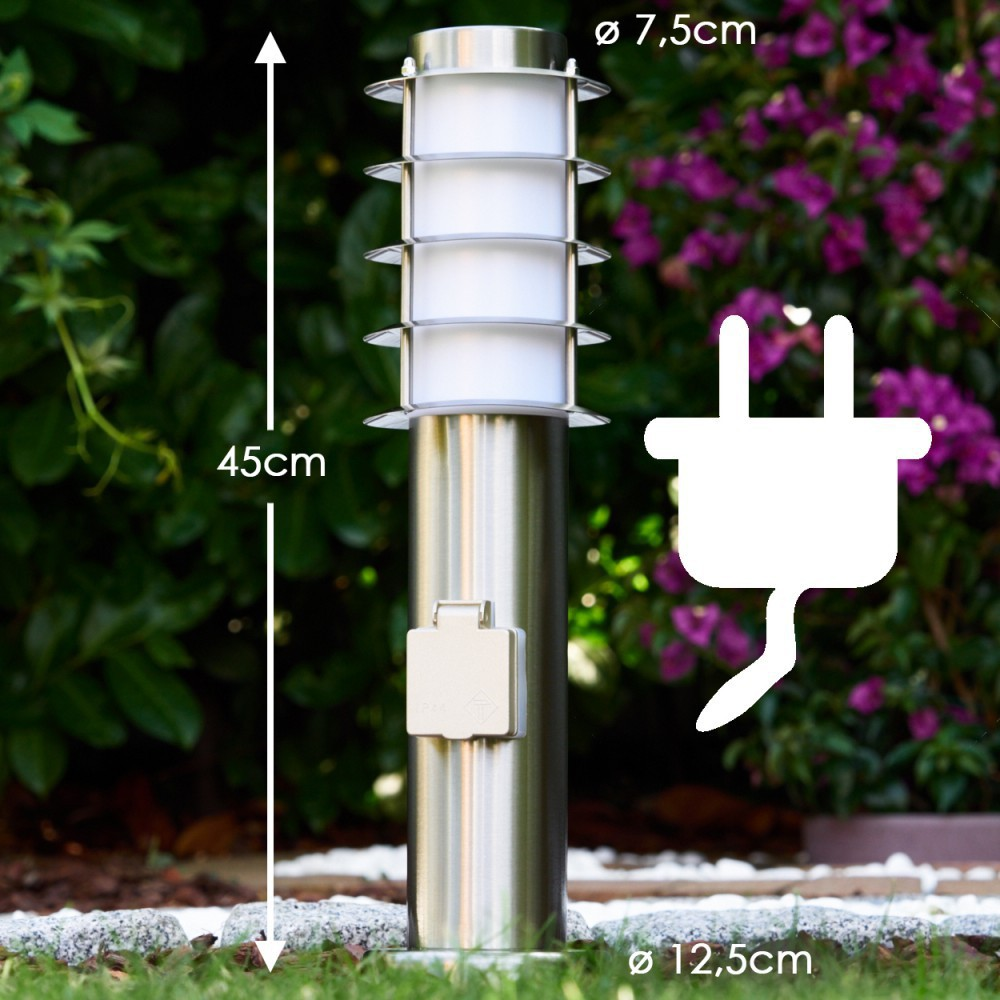 Edelstahl-Gartenleuchte mit 4 Lichtschichten, 45cm hoch, mit Steckdose.