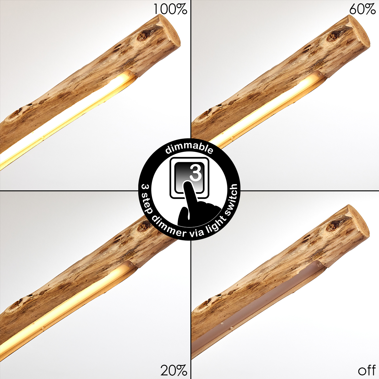 Eine Holzlampe mit Lichtleiste bei 100%, 60%, 20% Helligkeit und aus.