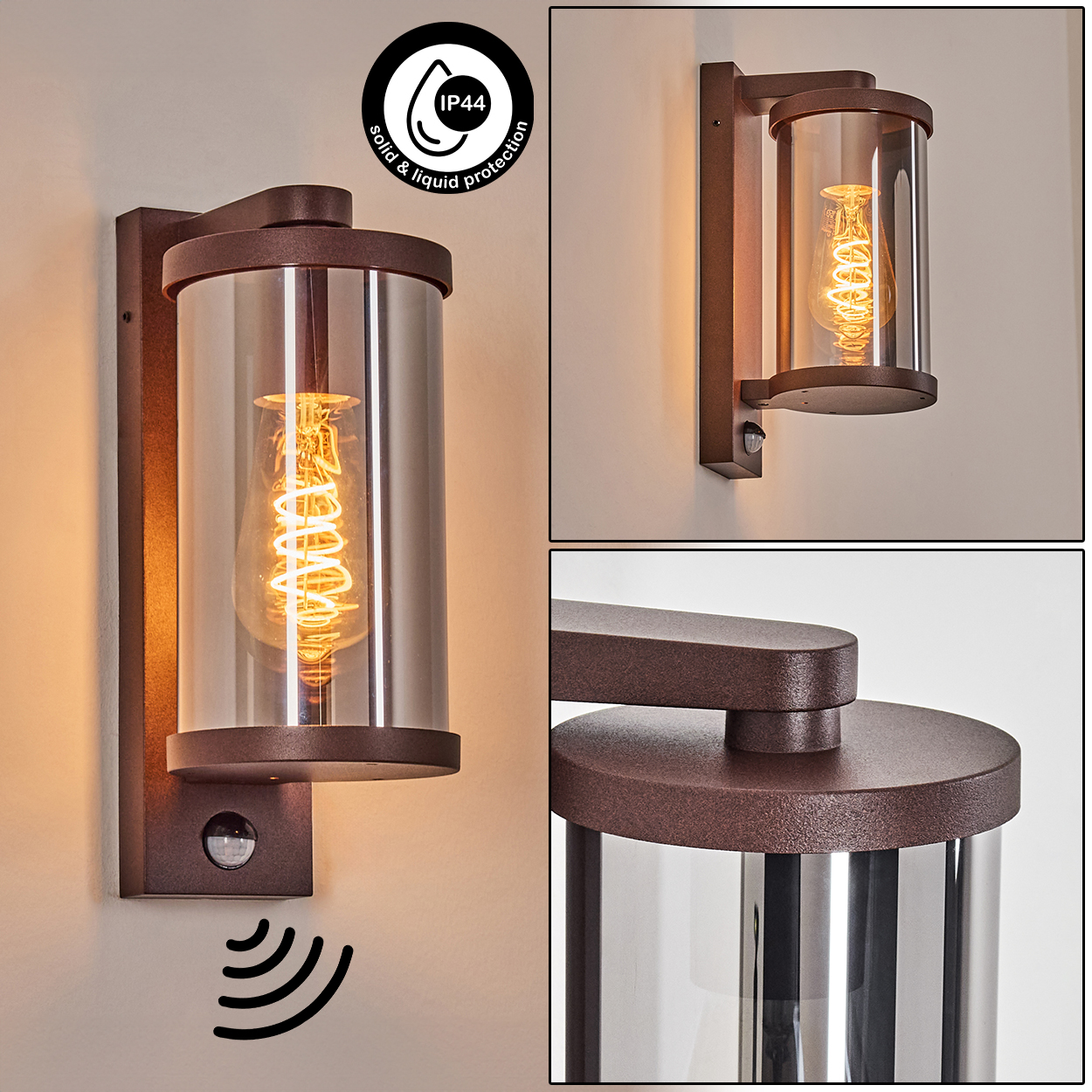 Braune Wandleuchte mit zylindrischem Glas und Edison-Glühbirne.
