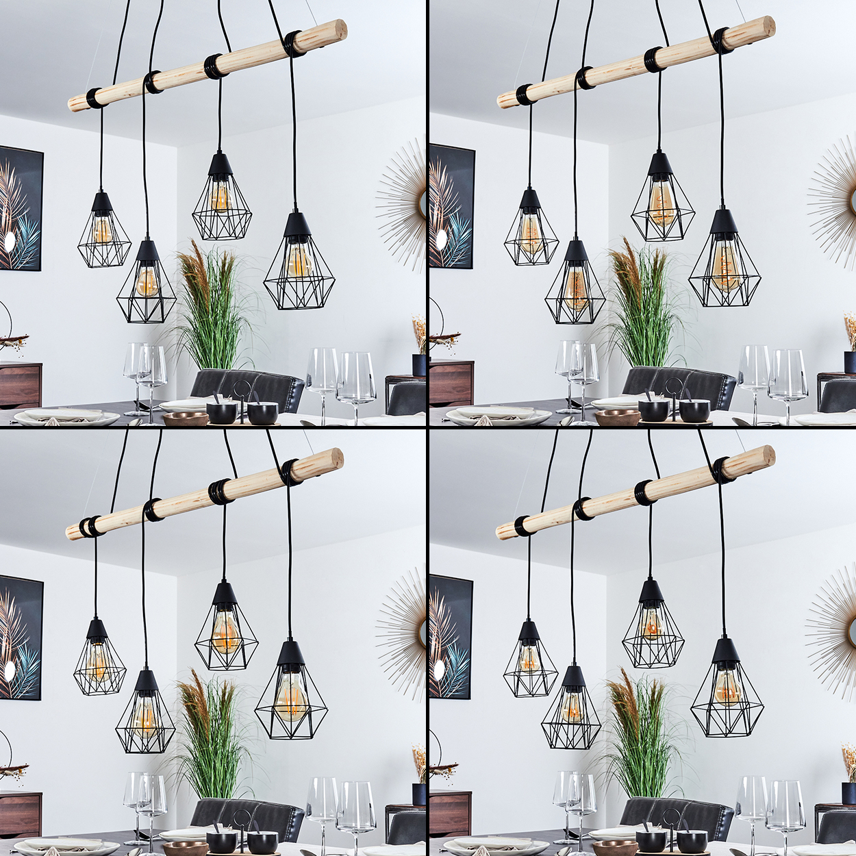 Ein Esszimmer mit einem Holzbalken-Kronleuchter mit vier Lampen.