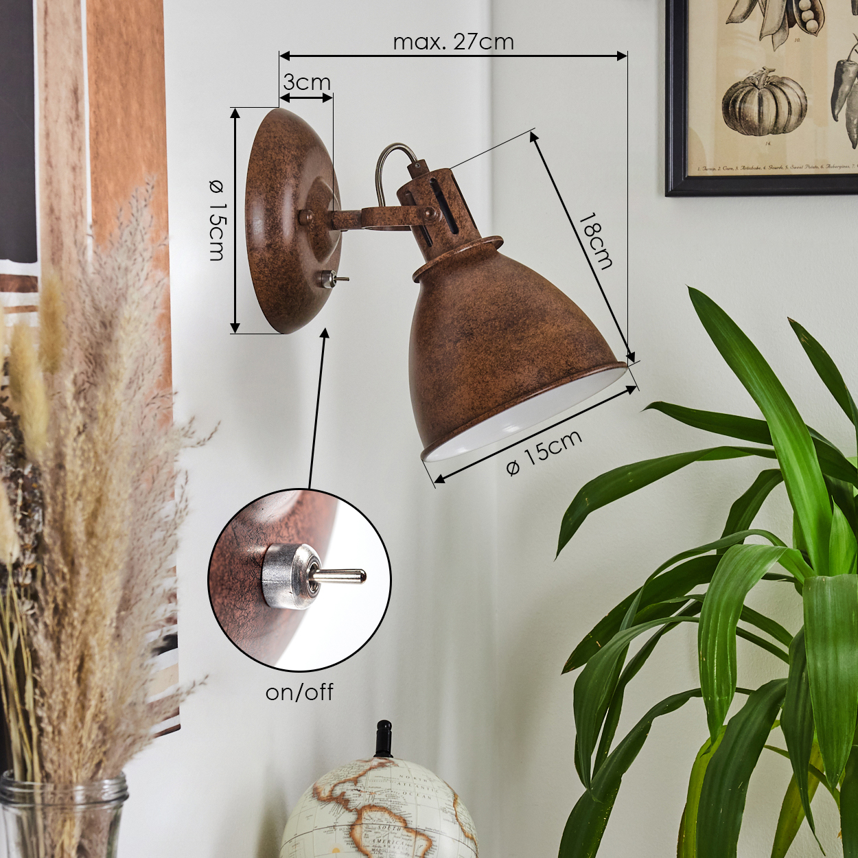 Rostbraune Wandlampe mit verstellbarem Arm und Schalter. Maße: 27cm max. Länge.