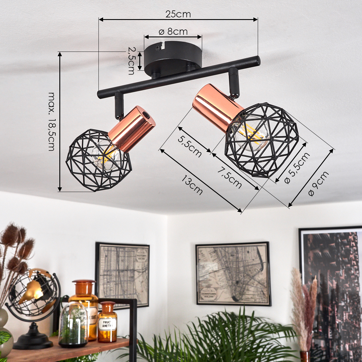 Schwarze Schienenleuchte mit zwei Kupferlampen und geometrischen Körben. Maße gezeigt.