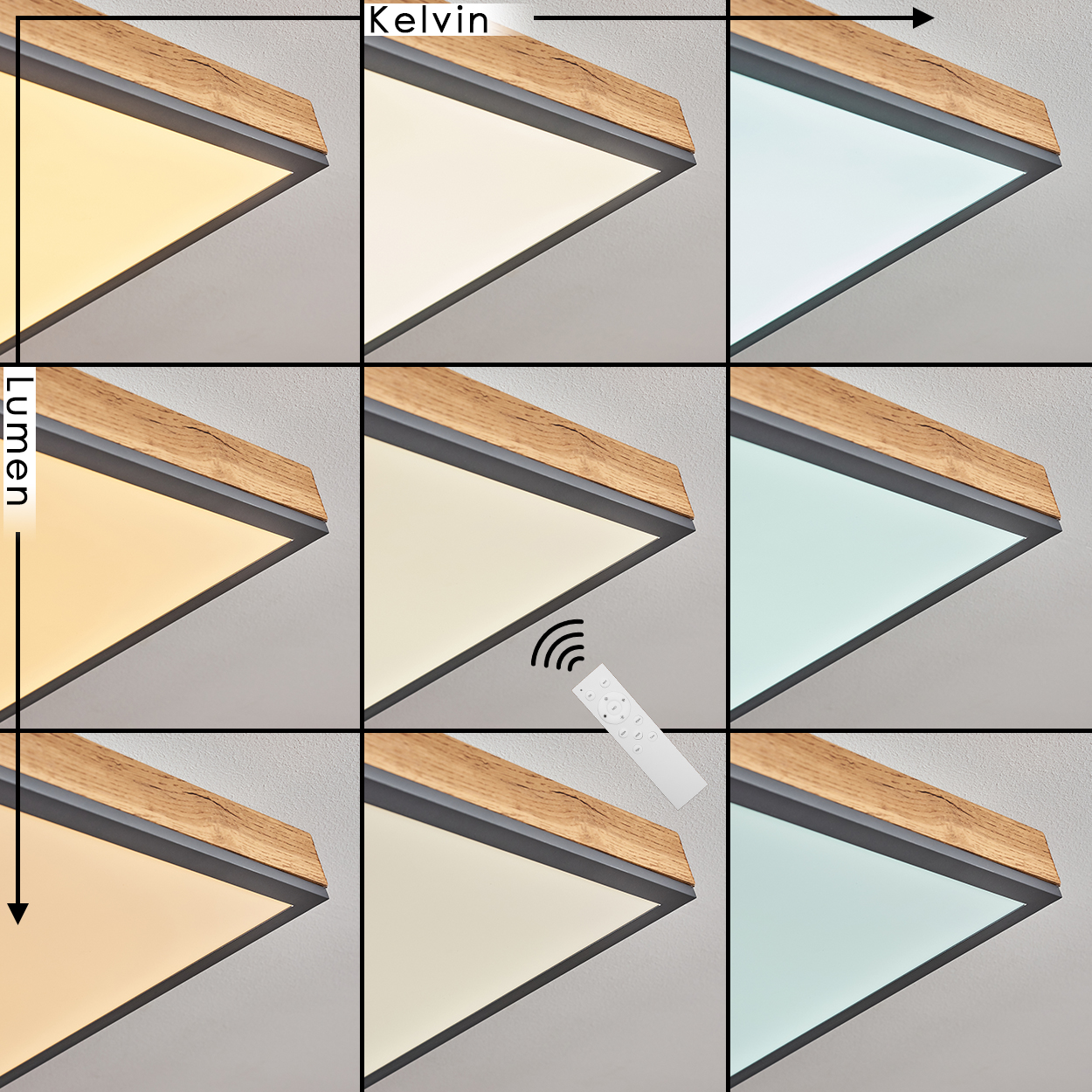 Ein Lampenmodul mit Holz- und Metallelementen zeigt verschiedene Lichtfarben.