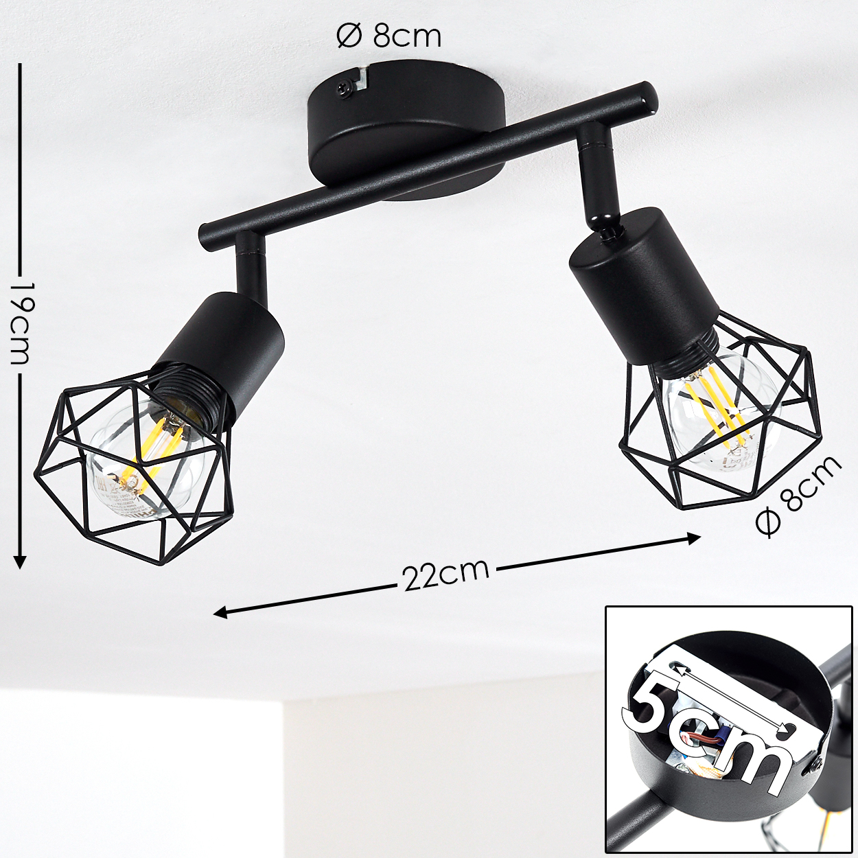 Schwarzer Deckenstrahler mit zwei verstellbaren Lampenschirmen, Gitterdesign.