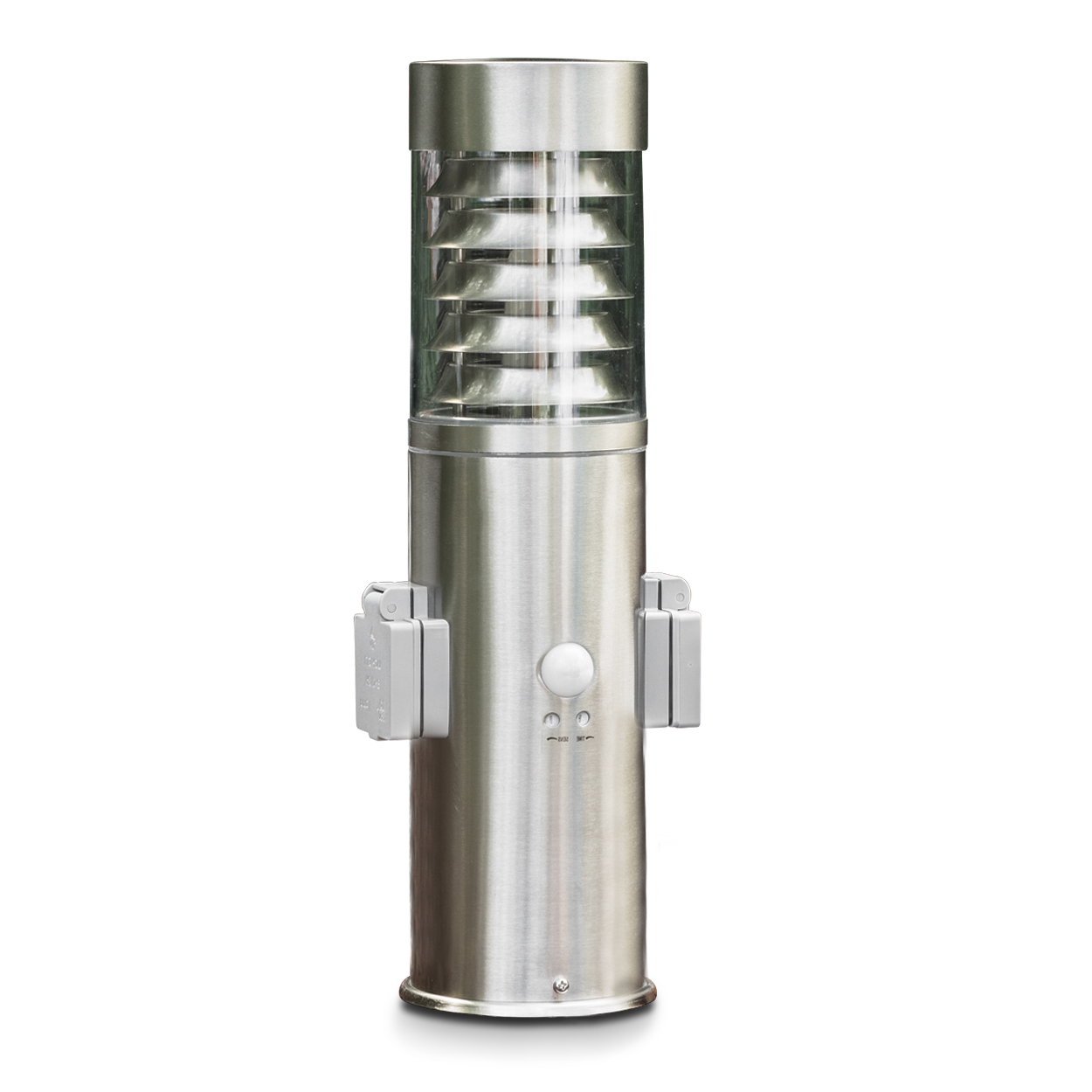 Eine silberne Standleuchte mit Glaszylinder und Lamellen.