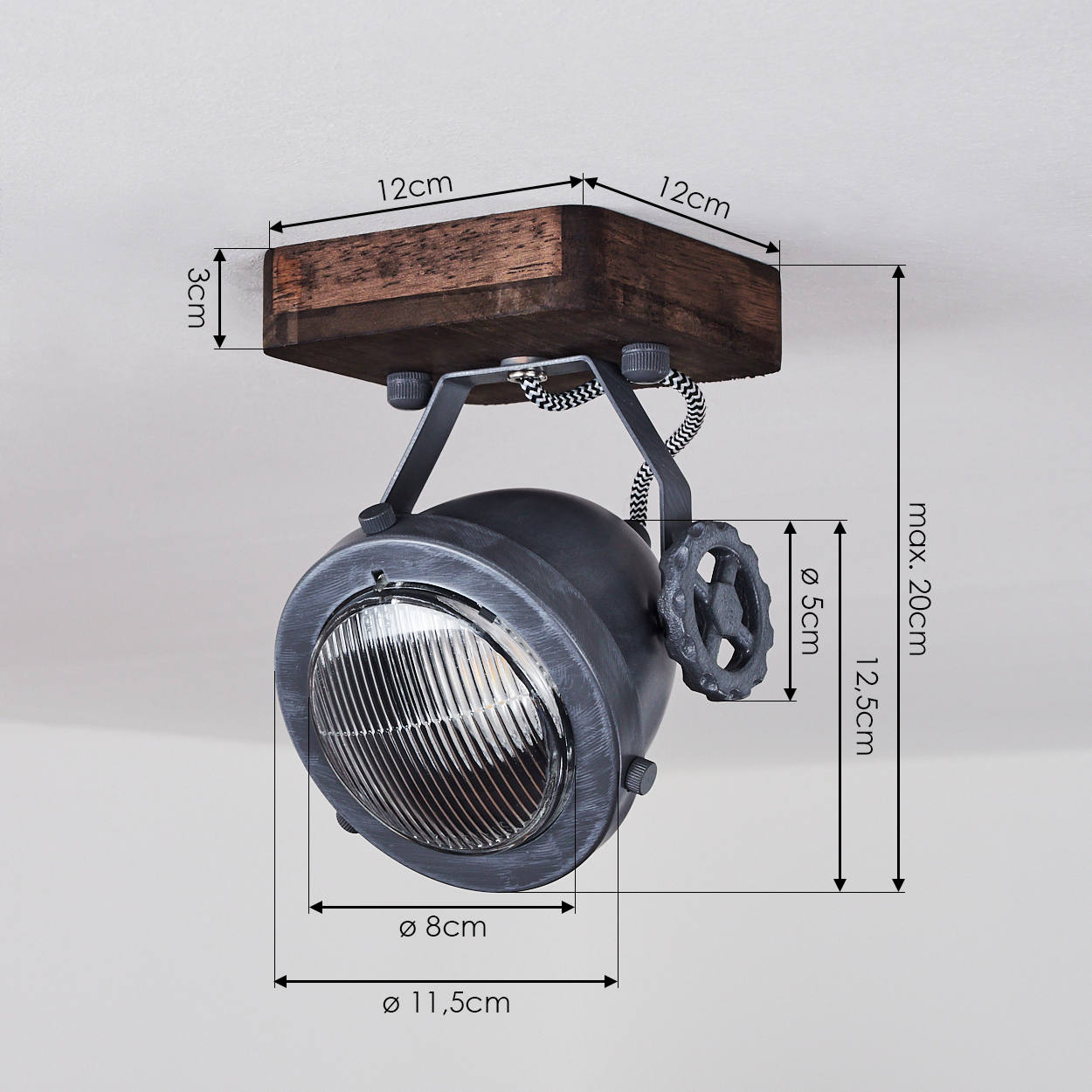Industrielle Lampe mit Holzsockel, Metallschirm und Glaseinsatz.