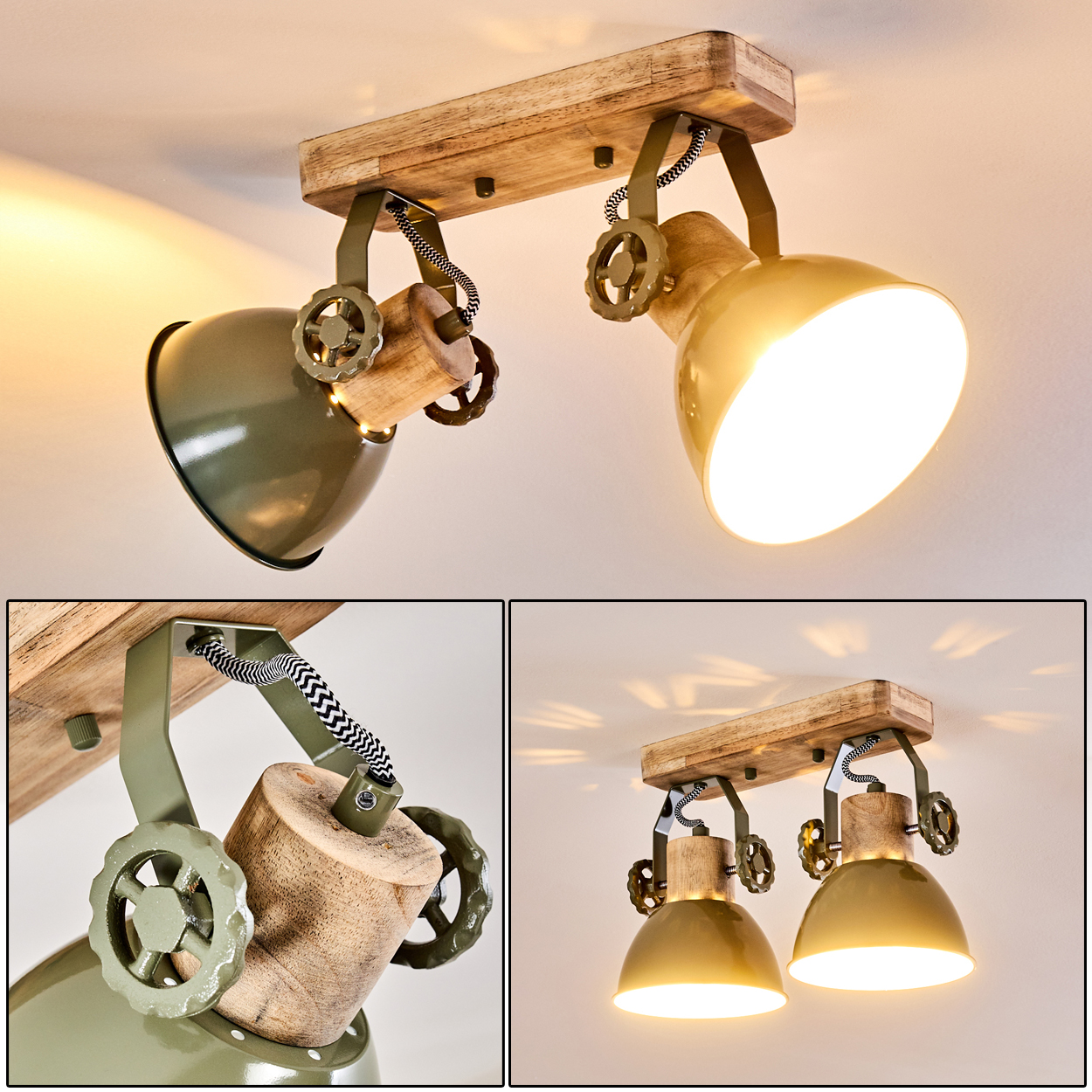 Zwei industrielle Deckenleuchten mit Holzsockel und olivgrünen Schirmen.