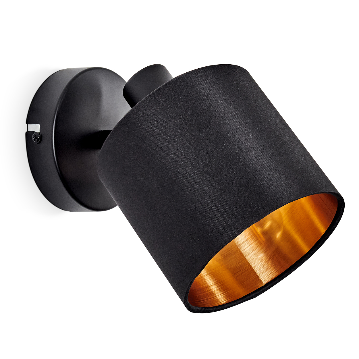 Schwarzer Wandstrahler mit goldenem Reflektor, auf weißem Hintergrund.