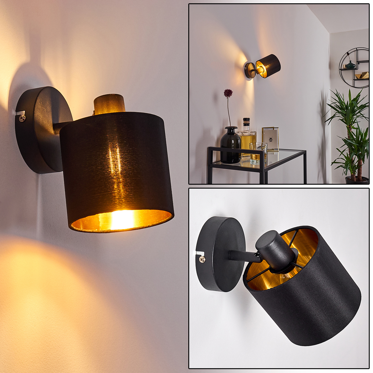 Schwarze Wandleuchte mit goldenem Innenleben, schwenkbar.