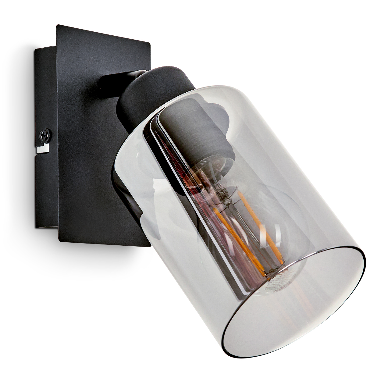 Schwarze Wandleuchte mit rauchglaszylinder und sichtbarer Glühbirne.